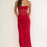 Kamilah Ruched Sheer Waist Maxi Dress Red