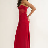 Kamilah Ruched Sheer Waist Maxi Dress Red