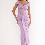 Kamilah Ruched Lace Maxi Dress Lilac