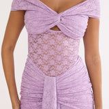 Kamilah Ruched Lace Maxi Dress Lilac