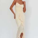 Kamilah Gathered Cascading Ruffle Midi Dress Butter