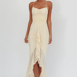 Kamilah Gathered Cascading Ruffle Midi Dress Butter