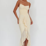 Kamilah Gathered Cascading Ruffle Midi Dress Butter