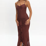 Kamilah Gathered Cascading Ruffle Midi Dress Maroon