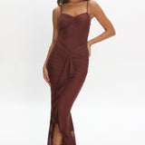 Kamilah Gathered Cascading Ruffle Midi Dress Maroon