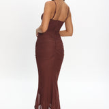Kamilah Gathered Cascading Ruffle Midi Dress Maroon
