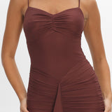 Kamilah Gathered Cascading Ruffle Midi Dress Maroon