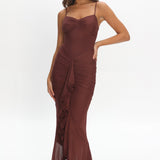 Kamilah Gathered Cascading Ruffle Midi Dress Maroon