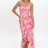 Kamilah Ruched Waist Ruffle Maxi Dress Print Pink