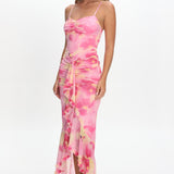 Kamilah Ruched Waist Ruffle Maxi Dress Print Pink
