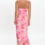 Kamilah Ruched Waist Ruffle Maxi Dress Print Pink