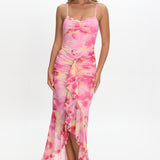 Kamilah Ruched Waist Ruffle Maxi Dress Print Pink