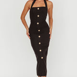 She Is Button Front Halter Midi Dress Tweed Black