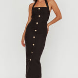 She Is Button Front Halter Midi Dress Tweed Black