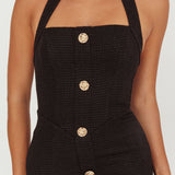 She Is Button Front Halter Midi Dress Tweed Black