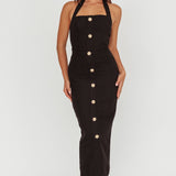 She Is Button Front Halter Midi Dress Tweed Black