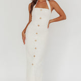 She Is Button Front Halter Midi Dress Tweed White