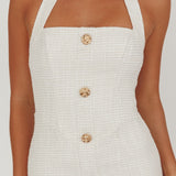She Is Button Front Halter Midi Dress Tweed White