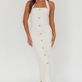 She Is Button Front Halter Midi Dress Tweed White