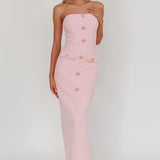 She Is Button Front Strapless Maxi Dress Pink