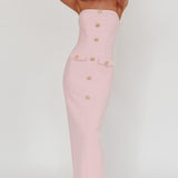She Is Button Front Strapless Maxi Dress Pink
