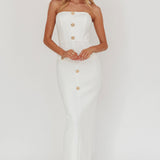 She Is Button Front Strapless Maxi Dress White