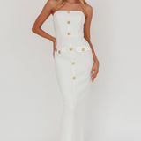 She Is Button Front Strapless Maxi Dress White