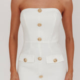 She Is Button Front Strapless Maxi Dress White