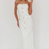 She Is Button Front Strapless Maxi Dress White