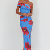 Gala One-Shoulder Maxi Dress Floral Blue