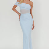 Gala One-Shoulder Sheer Waist Maxi Dress Blue
