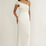 Gala One-Shoulder Textured Maxi Dress White
