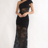 Gala One-Shoulder Maxi Dress Lace Black