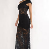 Gala One-Shoulder Maxi Dress Lace Black