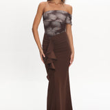 Gala One-Shoulder Ruffle Maxi Dress Brown