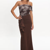 Gala One-Shoulder Ruffle Maxi Dress Brown