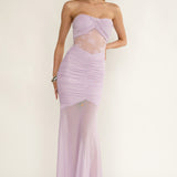 Sade Strapless Sheer Panel Ruched Maxi Dress Lilac