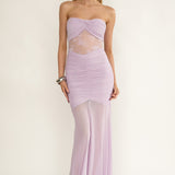 Sade Strapless Sheer Panel Ruched Maxi Dress Lilac