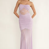 Sade Strapless Sheer Panel Ruched Maxi Dress Lilac