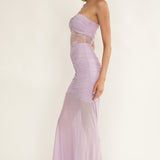 Sade Strapless Sheer Panel Ruched Maxi Dress Lilac