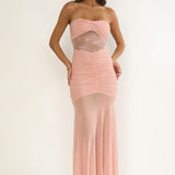 Sade Strapless Sheer Panel Ruched Maxi Dress Blush