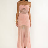 Sade Strapless Sheer Panel Ruched Maxi Dress Blush