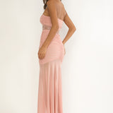 Sade Strapless Sheer Panel Ruched Maxi Dress Blush