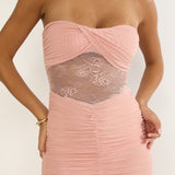 Sade Strapless Sheer Panel Ruched Maxi Dress Blush
