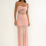 Sade Strapless Sheer Panel Ruched Maxi Dress Blush