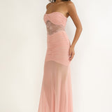 Sade Strapless Sheer Panel Ruched Maxi Dress Blush