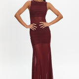 Sade Sheer Panel Ruched Maxi Dress Wine