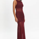 Sade Sheer Panel Ruched Maxi Dress Wine