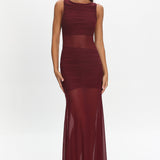 Sade Sheer Panel Ruched Maxi Dress Wine