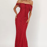Enigma Off-Shoulder Maxi Dress Lace Wine